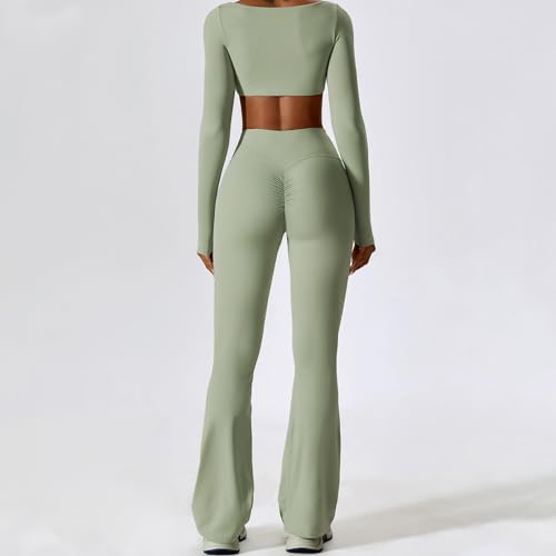 ABOCIW Workout Sets for Women 2 Piece Square Neck Long Sleeve Crop Tops High Waist Flared Leggings Gym Sets2