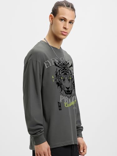 Image of Bewakoof Men's 100% Cotton Graphic Print Oversized Fit Full Sleeve Round Neck T-Shirt | Casual Wear | Street Wear | Oversized t Shirt for Men Cotton | Baggy
