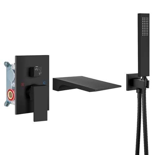 Airuida Bathtub Faucet with Waterfall Tub Spout and Handheld-Matte Black