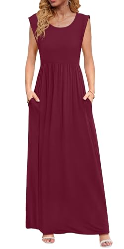 Image of DB MOON Womens 2026 Maxi Dresses Empire Waist Long Summer Dress Casual Cap Short Sleeve Sundress with Pockets