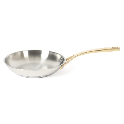 Martha Stewart Castelle 8-Inch Stainless Steel Frying Pan with Gold-Tone Handle Tri-Ply Encapsulated Bottom Oven Safe & Induction Safe Skillet for Searing and Sauting
