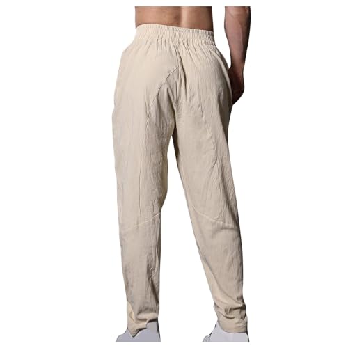 Calça masculina de algodão e linho com cordão na cintura elástica solta perna reta calças de verão l