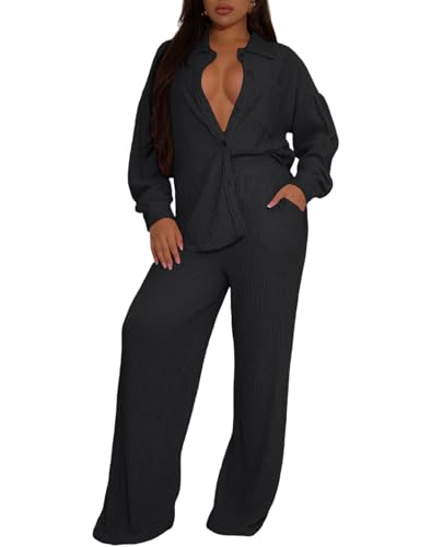 Ophestin Women 2 Piece Dressy Outfits Casual Pleated Long Sleeve Button Down Shirt Wide Leg Pants Loungewear Matching Sets Black XL