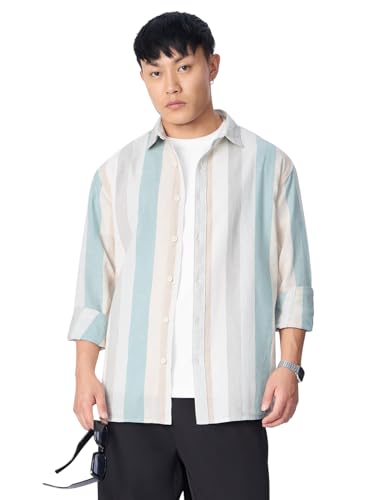 Image of The Souled Store Cotton Linen Stripes: Prism Men and Boys Long Sleeve Collared Neck Button Front Regular Fit Cotton Linen Shirt