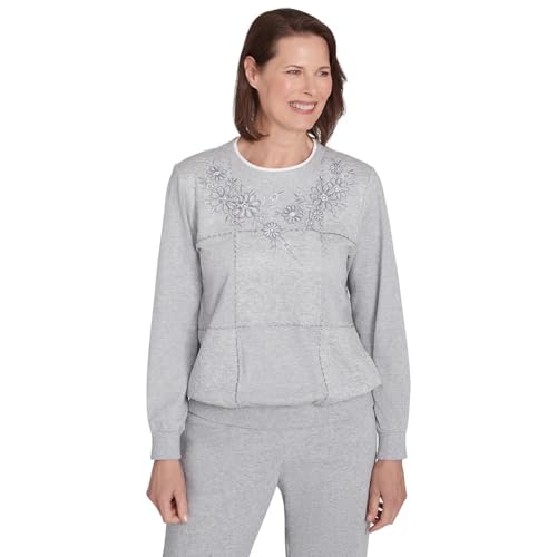 Alfred Dunner Women's Casual Fridays Embroidered Boxes Cozy Crew Neck Top