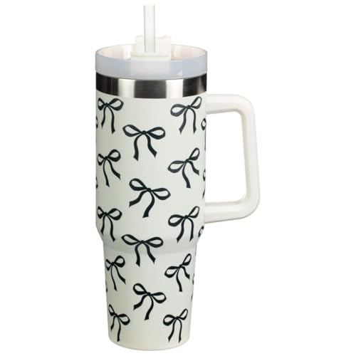 New Bow Print Drinking Tumbler 1.18L – Double Wall Insulated Cup with Handle & Straw, Large Reusable Water Bottle for Hot & Cold Drinks, Stylish Travel Mug A-51