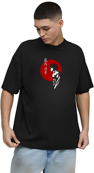 Image of Ran Eleven Baki Hanma Oversized T-Shirt for Men | inchBaki Hanma inch Front Silhouette & Full Character Graphic Back | 100% Cotton | Anime Streetwear & Casual Wear