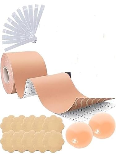 Boob Tape Kit Breathable Instant Boob Tape with 10 Nipple Pasties for Fashion, 36 Strips Double Sided Fashion Body Tape for Women Clothes,1 Pair Reusable Nipple Cover Reusable for Women (Beige)-image-25
