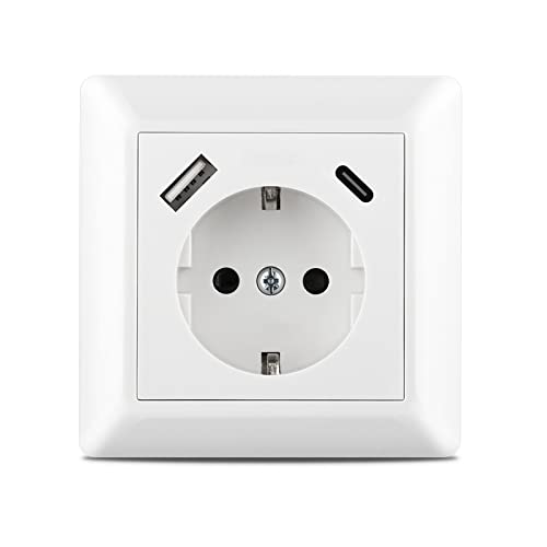 Kaifire USB Enchufe, Schuko Enchufe de pared con USB y Tipo C 3.4A Toma de Corriente pared Empotrado Enchufe con Marco para Smartphone Tablet MP3 Cover