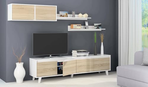 Dmora Parete Attrezzata per Soggiorno, Set Salotto TV con mensole e Mobile pensile, Rovere e Bianco Lucido, 200 x 41 x 85 cm, 200x41x85
