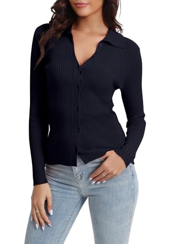 Urban CoCo Women's Long Sleeve Button Up Sweater Polo Shirt Collared Knit Cardigan Sweaters3