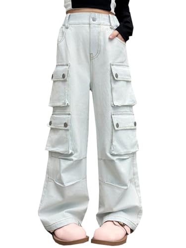 SANGTREE Girls High Waist Casual Y2k Wide Leg Cargo Pants, 4-14 Years