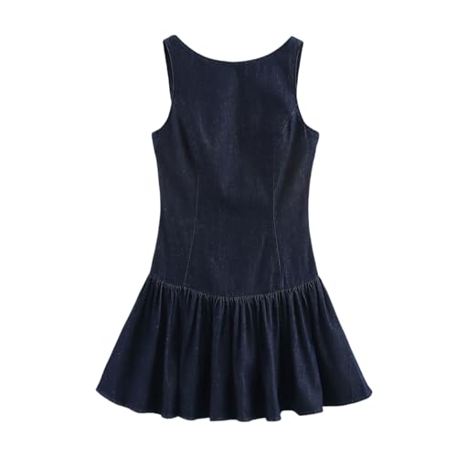 Damen Neckholder A-Linie Mini Jeanskleid Ärmellos Breite Träger Trägerkleid mit Reißverschluss Elegant Geraffter Rüschenbesatz Swingrock Strand...