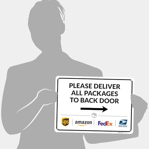 Image of Package Delivery Sign, Delivery Instructions Deliver All Package to Back Door Right Arrow Sign, 10x14 Inches, Rust Free .040 Aluminum, Fade Resistant, Made in USA