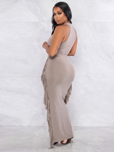 Image of 2 Piece Outfits for Women Sexy Halter Neck Sleeveless Crop Tops Ruched Bodycon Dresses Jumpsuits Fringe Skirt Sets