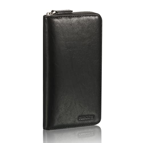 Image of HISCOW Leather Checkbook Cover, Zippered Wallet, Vegetable-Tanned Black | Full grain cowhide, 5cc & ID window, personal check book & register pockets, removable duplicate divider, women secure zipper