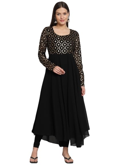 Image of PH POSHAKHUB Georgette Foil Print Anarkali Kurta has Round Neck and Full Sleeve