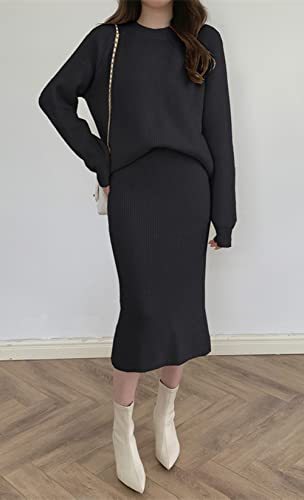 Image of chouyatou Women's Two Piece Sweater Skirt Sets Knit Sweater Top Bodycon Skirt 2 Piece Outfits
