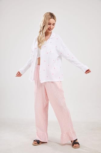Image of codcm Womens Gingham Pants Wide Leg Lounge Pants Y2k Plaid Print Ruffle Hem Loose Trouser