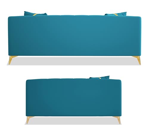 Image of Adorn India Premium Mystic - 3 Years Warranty - 3+2 Sofa Set Velvet Suede Fabric - Aqua Blue