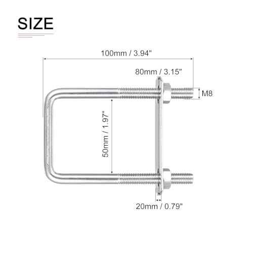 Image of DTGN M8x50x100mm(ThreadxWxL) Square U Bolt - 5Pack - Good for Trailer Pipe Replacement Parts - 304 Stainless Steel U Shape Bolts