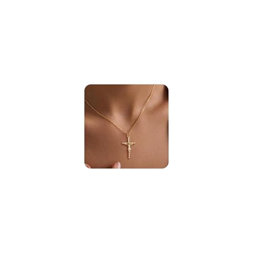 De Amo Sara Cross Necklace for Women, Dainty 14K Gold Plated Cross Pendant Simple Long Necklaces for Women, Christian Faith Necklace Trendy Gold Jewelry Gifts for Easter