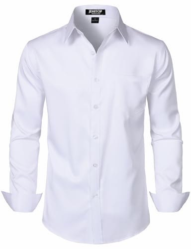 JEMITOP Mens Stretch Slim Fit Dress Shirts Formal Wedding Prom Business Long Sleeve Button Down Shirt with Pocket White L
