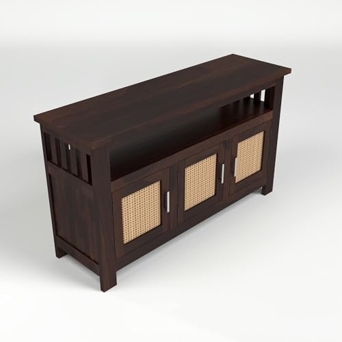 Image of Sheesham Wood Kitchen Cabinet with Cane Woven Doors | Solid Wood Storage Sideboard with Open Shelf & 3 Door Cabinet | Rosewood Storage Cabinet for Living Room (Walnut Finish)