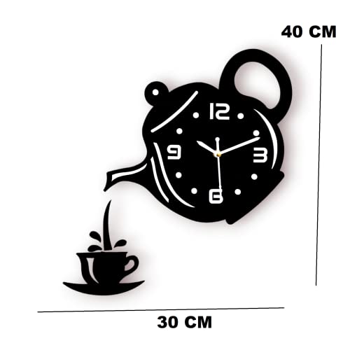 Image of Designer Wooden Wall Clock | Unique Teapot Shape Wall Clock for Home, Kitchen, Living Room & Office | Decorative Modern Acrylic Wall Clock (Black)