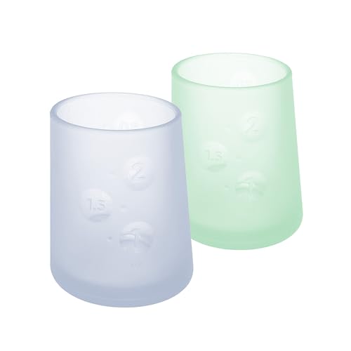 Image of Olababy First Cup | Clear Sense 100% Silicone Infant Trainer Cup | 2oz Medicine Cup for Newborn | Non-Slip & Sloping Design for Tiny Hands & Baby Led Weaning (Blueberry/Mint, 2 Cups)