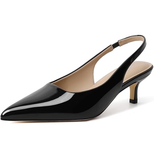 Wonvatu Black Kitten Heels for Women Closed Pointed Toe Kitty Slingback Dressy Low Heeled Pumps Fashion Casual Herls Bridal Dress Shoes 9.5