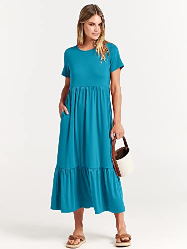 Image of ANRABESS Womens 2026 Summer Casual Maxi Dress A line Tiered Flowy Short Sleeve Crewneck T Shirt Beach Travel Long Dresses