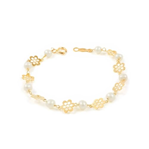 Monde Petit Pulsera Niña Oro Amarillo 9K Perla Redonda 3,5 mm Flor Margarita Brillo 13 cm - Certificado Garantía - 1424