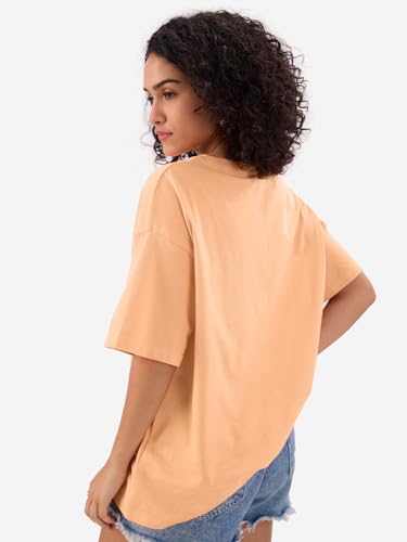Image of The Souled Store Solids: Fuzzy Peach Women and Girls Short Sleeves Round Neck Cotton Oversized T-Shirts