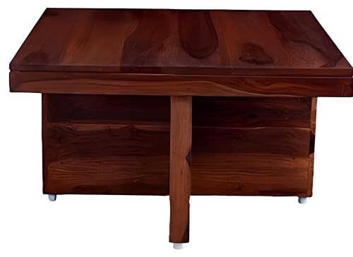 Image of Loonart Solid Sheesham Wood Coffee Table with Four Stools | Idel for Living Room | Cafe | Restaurant | Space Saving Indoor Table Set | Finish Color - Teak Finish |