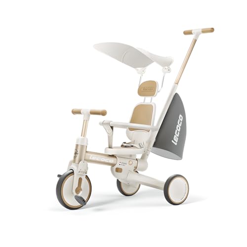 Gorocking 三輪車 折りたたみ 3色 カジキリ押し棒付き 組み立て簡単 対象年齢1.5～5歳 (ガード＋サンシェード, ブラウン)