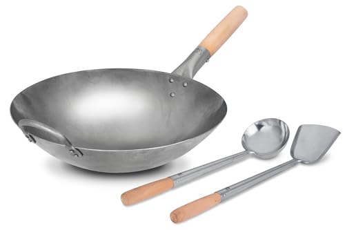 Wok Craft 14 pulgadas con utensilios de acero y mango de madera