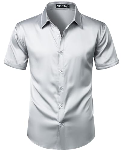 ZEROYAA Mens Hipster Shiny Silk Satin Shirt Short Sleeve Casual Button Down Dress Shirts for Summer Party ZZCL77-Sliver Medium