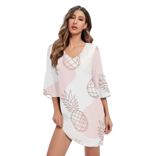Robe col en V élégante Ananas Blanc à manches 3/4 coupe couture
