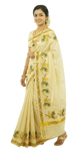 Image of Women's Mural Printed Kerala Gold Tissue Saree with Running Blouse Piece | Traditional South Indian Ethnic Saree for Festivals, Weddings & Special Occasions