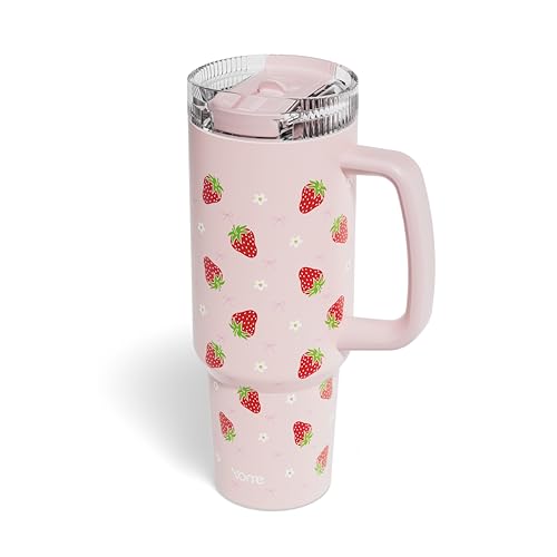 YOME DetaClean 40oz Strawberry Pink Tumbler with Handle and Flip Straw for Women | 100% Disassemblable Lid | Stainless Steel Insulated Water Bottle | 100% Leak Proof | Keeps Drinks Cold