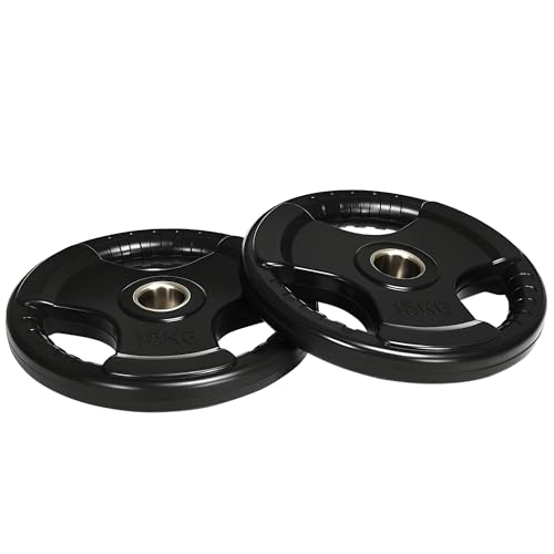 SPORTNOW Set de 2 disques d'haltères, Tri-Grip 2 x 15 KG disques Olympiques caoutchoutés, disques de Poids protégeant Le Sol avec perçage de 5 cm, Trois poignées, pour haltérophilie, Musculation