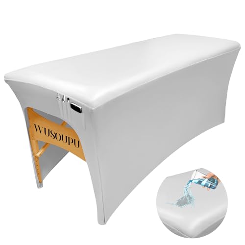 Wipeable Lash Bed Cover PU Leahter Massage Table Cover with Storage Pocket, Reusable Massage Bed Cover White Spa Bed Cover High Elasticity Wax Bed Cover for Esthetician (6FT, Whie)