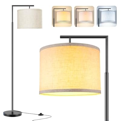 ROTTOGOON Floor Lamp for Living Room with 3-Color Temperature 9W LED Bulb, Modern Standing Lamp with Linen Beige Shade & Foot Switch, Tall Pole Lamp for Bedroom, Study Room, Office, Kids Room (Black)