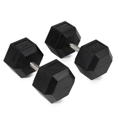 Titan Fitness 120 LB Pair Free Weights, Black Rubber Coated Hex Dumbbell, Straight Stainless Steel Handle, Strength Training, Full Body Workout