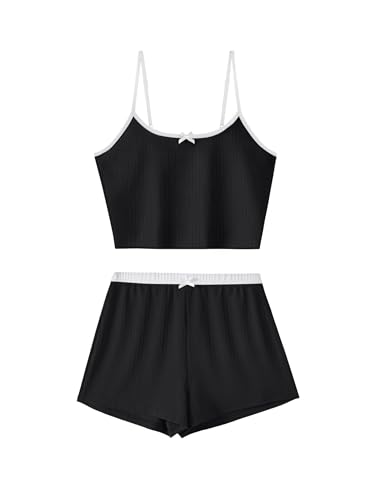 Image of Hilinker Womens Graphic 2 Piece Pajama Set Summer Cute Crop Cami and Shorts Ribbed Lounge Sets