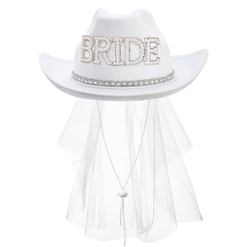 Frcctre Bride Cowboy Hat with Veil for Bachelorette Party, White Pearl Bride Cowgirl Hat for Wedding Bridal Shower Bachelorette Party Decoration Western Party Dress Up Accessories