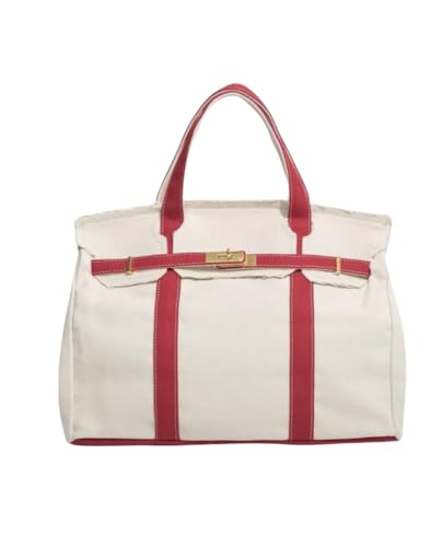 CANVAS & CLUTCH Boatkin Canvas Tote Bag Red with Black Trim Gold-Tone Hardware Structured Handbag 35 CM