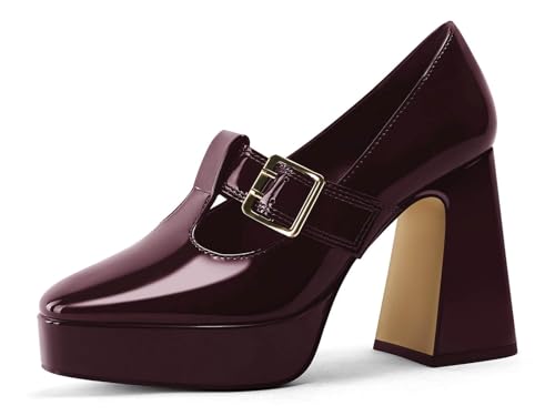 Coutgo Womens Chunky Platform Heels T Strap Mary Jane Pumps Buckle Wedding Dress Shoes Wine Red, 7.5