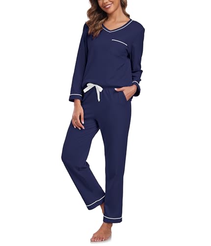 ANLIQI 100% Cotton Pajamas for Women Long Sleeve V Neck Top and Pant Sleepwear Loungewear Pjs Sets 2 Piece Pjs with Pockets